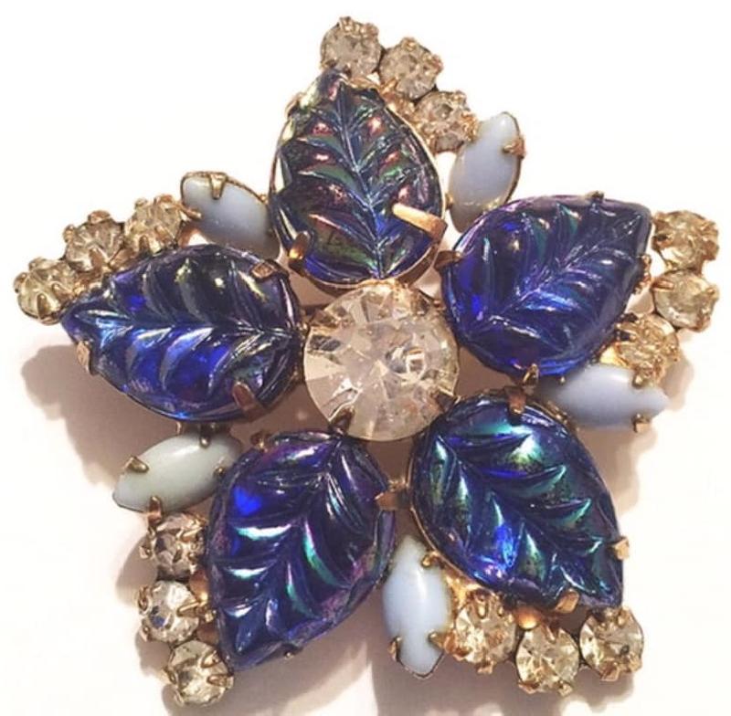 Front view of Blue Leaf Molded/Cut Brooch
