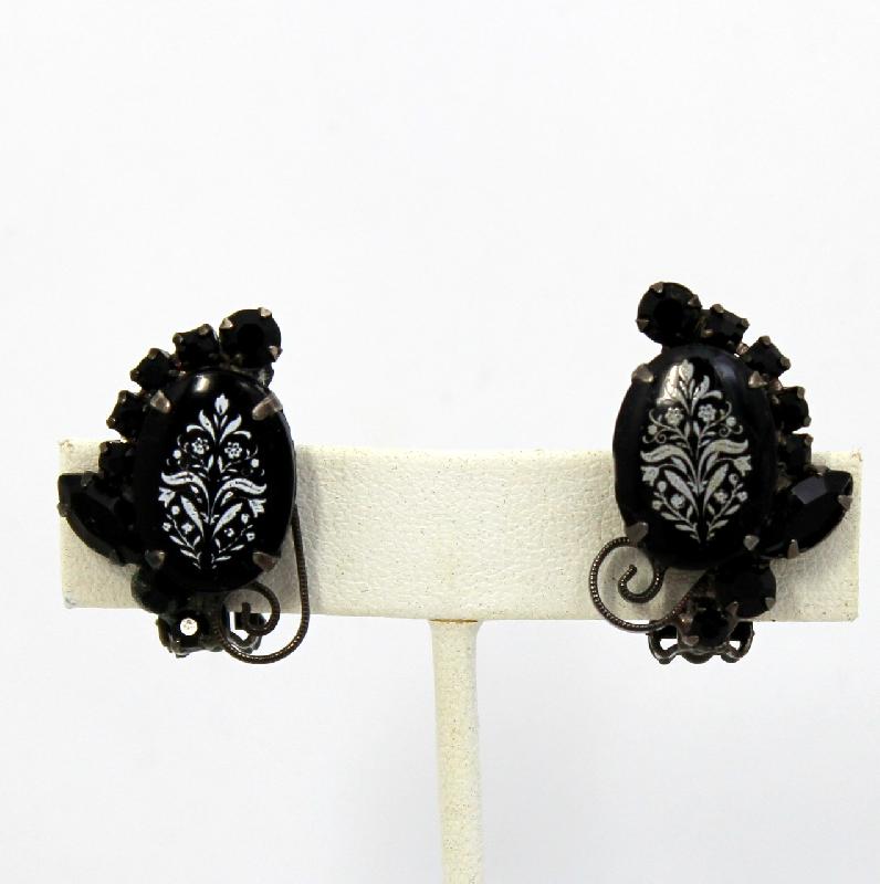 Front view of Black (jet) Cabochons Painted (hand/Transfer) Earrings Clip
