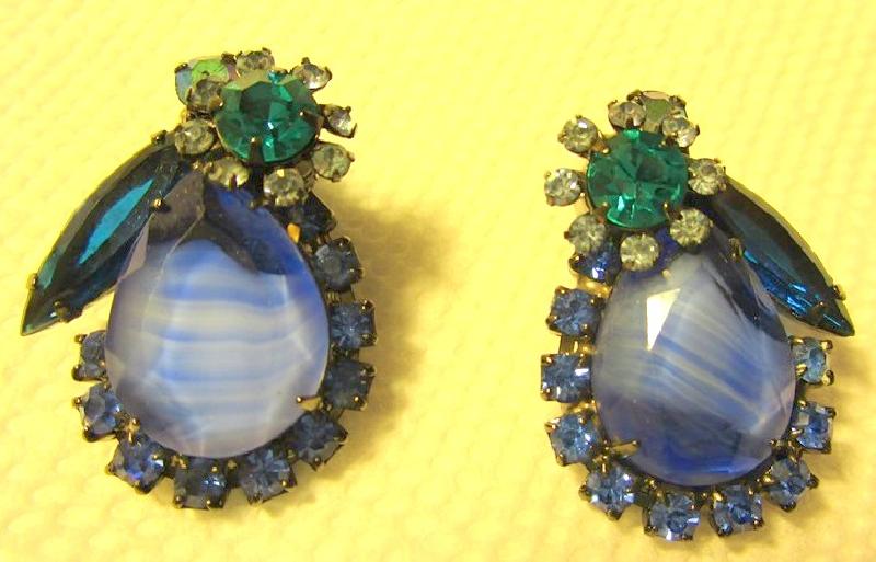 Front view of Blue Pear Striped Earrings Clip