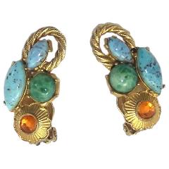 Turquoise Cabochons Spotted Earrings Clip