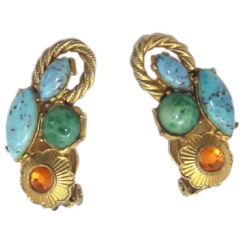 Front view of Turquoise Cabochons Spotted Earrings Clip