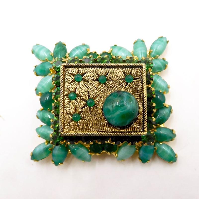 Front view of Green Cabochons Striped Brooch