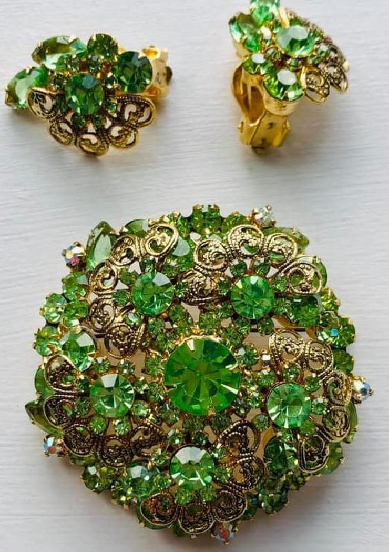 Front view of Green Navettes Brooch