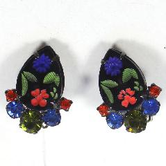 Black (jet) Pear Painted (hand/Transfer) Earrings Clip