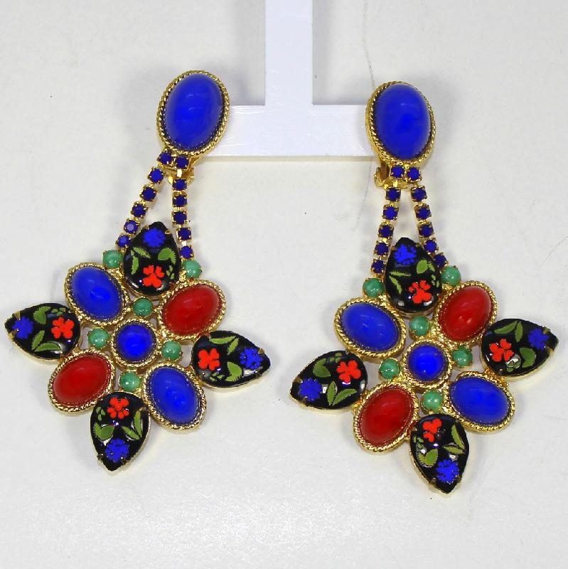Front view of Blue Pear Painted (hand/Transfer) Earrings Clip