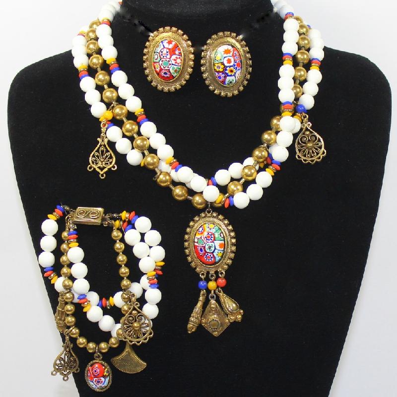 Front view of White (chalk Or Milk) Cabochons Multi-Color/Shaded Necklace