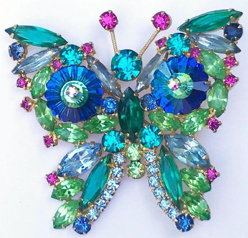 Front view of Blue Navettes Rivoli/Margarita Brooch