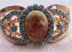 Turquoise Cabochons Painted (hand/Transfer) Bracelet Clamper