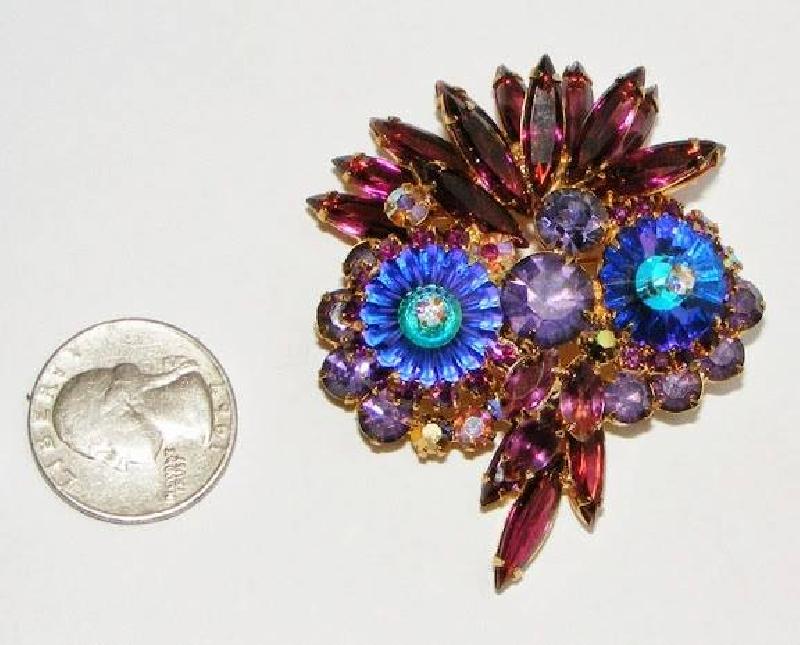 Front view of Purple (cardinal) Navettes Rivoli/Margarita Brooch