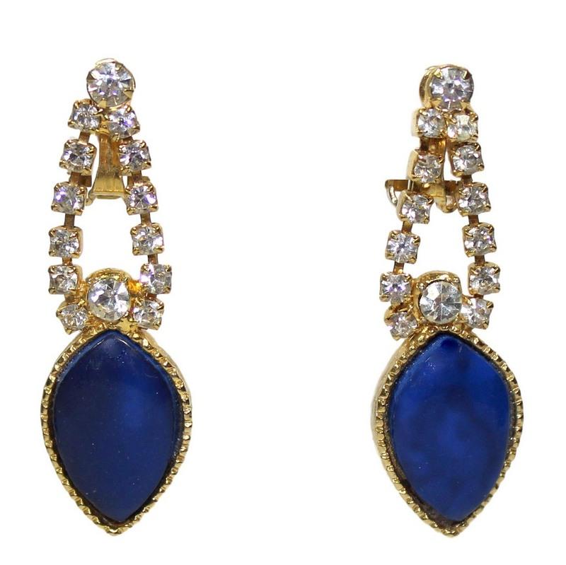 Front view of Blue Chatons Only Plastic Earrings Clip