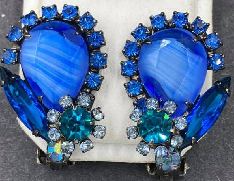 Front view of Blue Pear Striped Earrings Clip