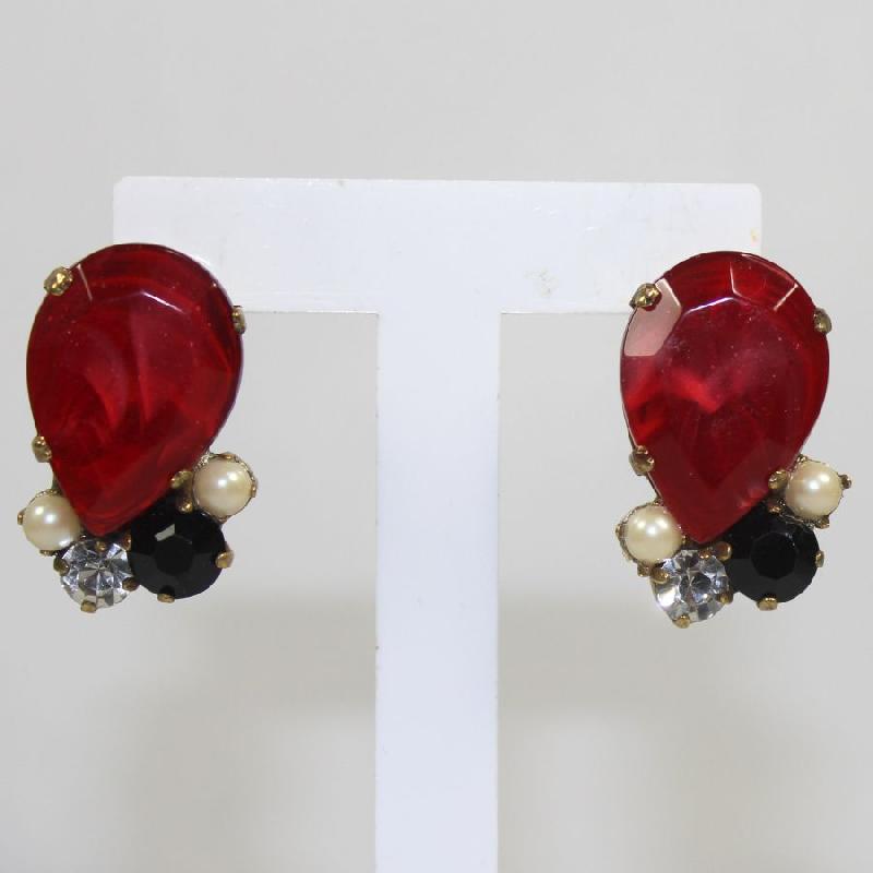 Front view of Red Pear Pearl Earrings Pierced