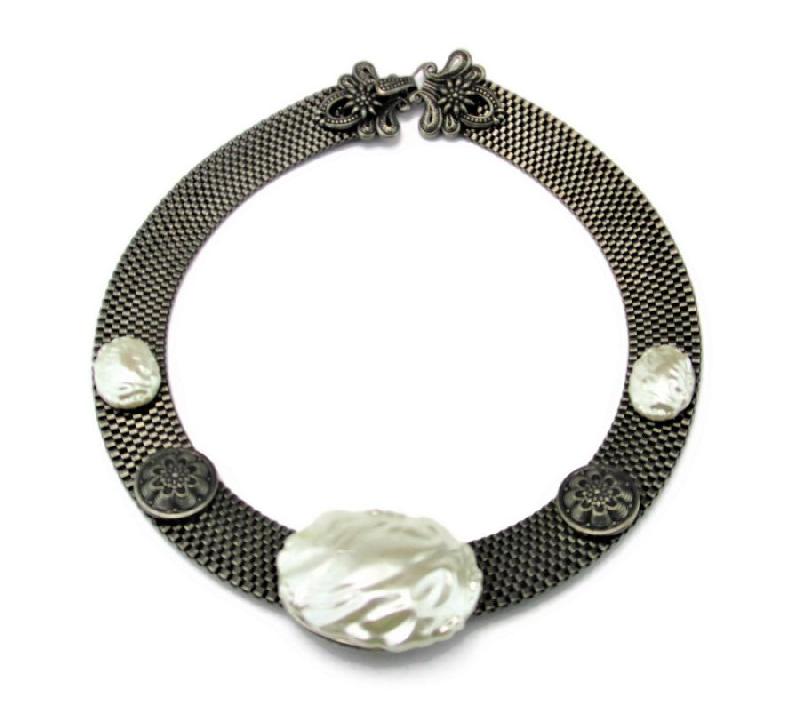 Front view of White (chalk Or Milk) Cabochons Plastic Necklace