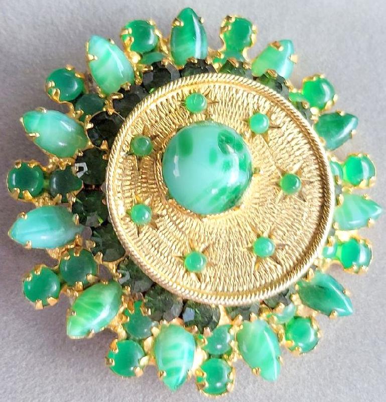 Front view of Green Cabochons Spotted Brooch