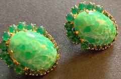 Green Cabochons Spotted Earrings Clip