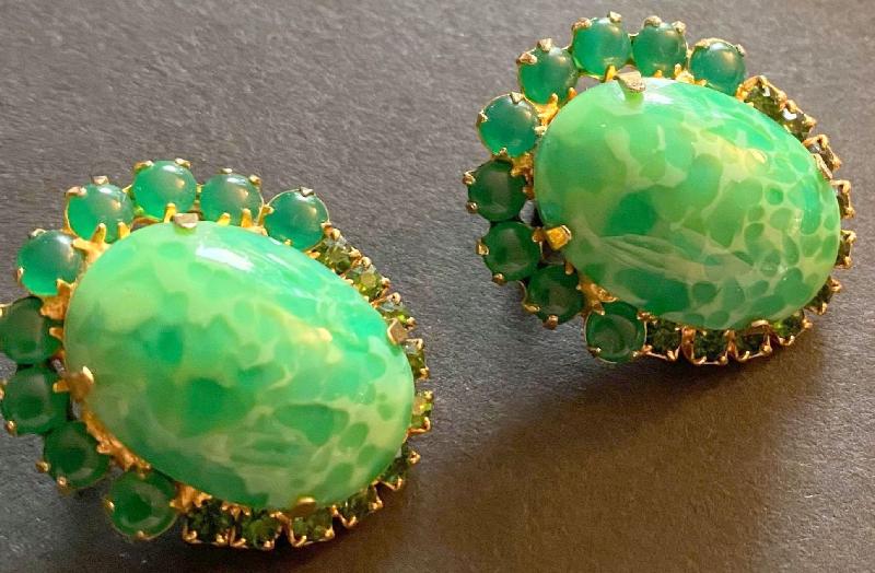 Front view of Green Cabochons Spotted Earrings Clip