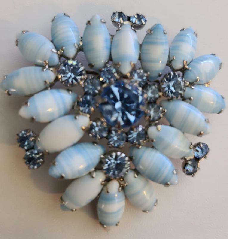 Front view of Blue Cabochons Striped Brooch