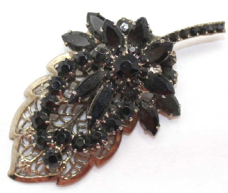 Front view of Black (jet) Navettes Brooch