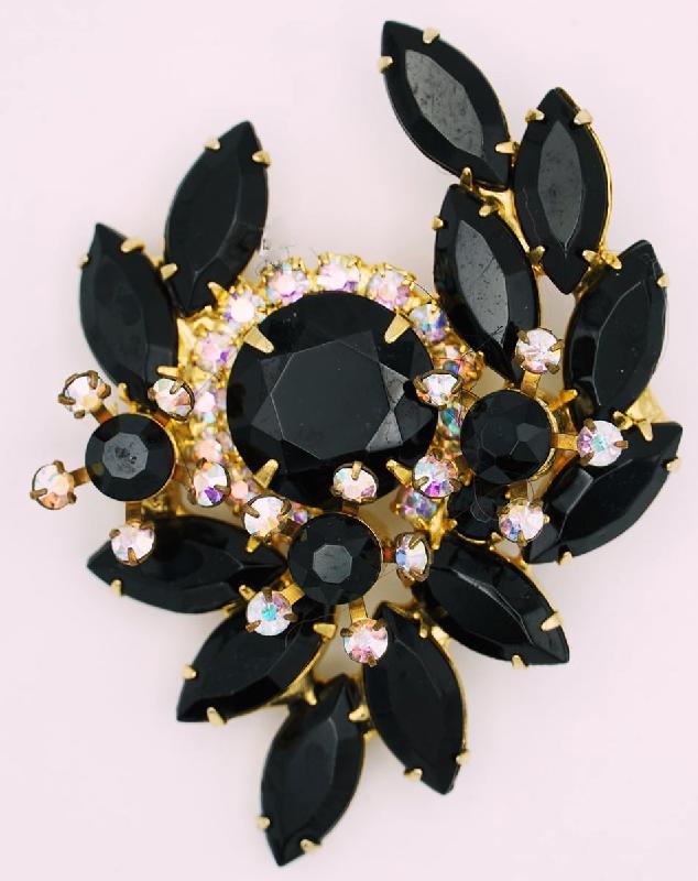 Front view of Black (jet) Navettes Brooch
