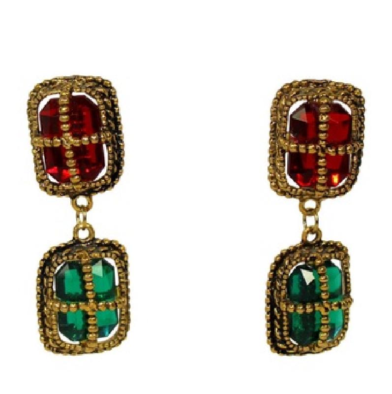 Front view of Multiple Colors Emerald Cut Earrings Pierced