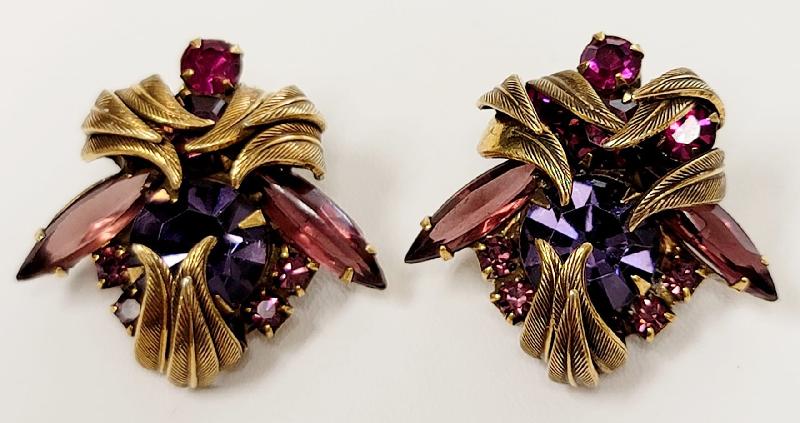 Front view of Purple (cardinal) Navettes Earrings Clip