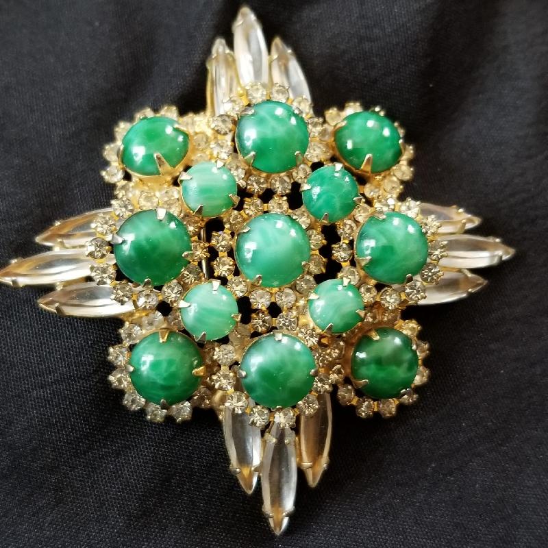 Front view of Green Cabochons Spotted Brooch