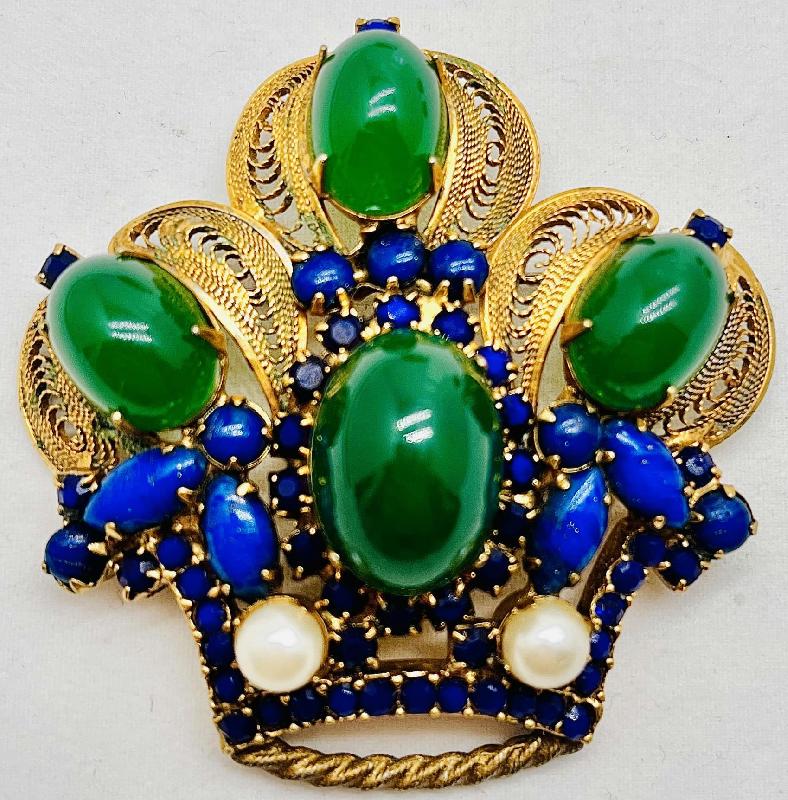 Front view of Blue Cabochons Pearl Brooch