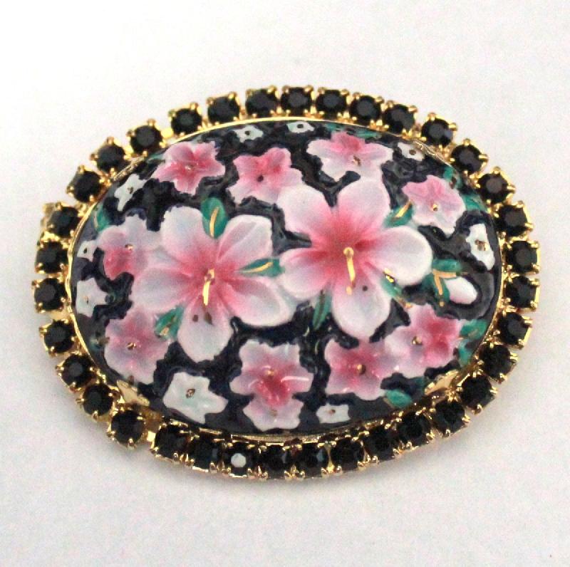 Front view of Black (jet) Cabochons Painted (hand/Transfer) Brooch