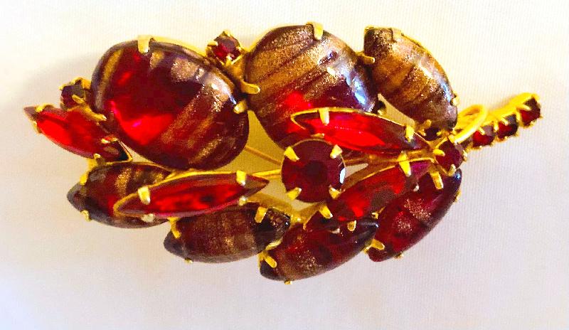 Front view of Red Cabochons Striped Brooch