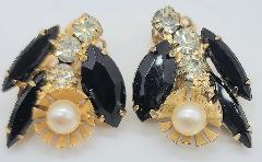 Black (jet) Navettes Pearl Earrings Clip