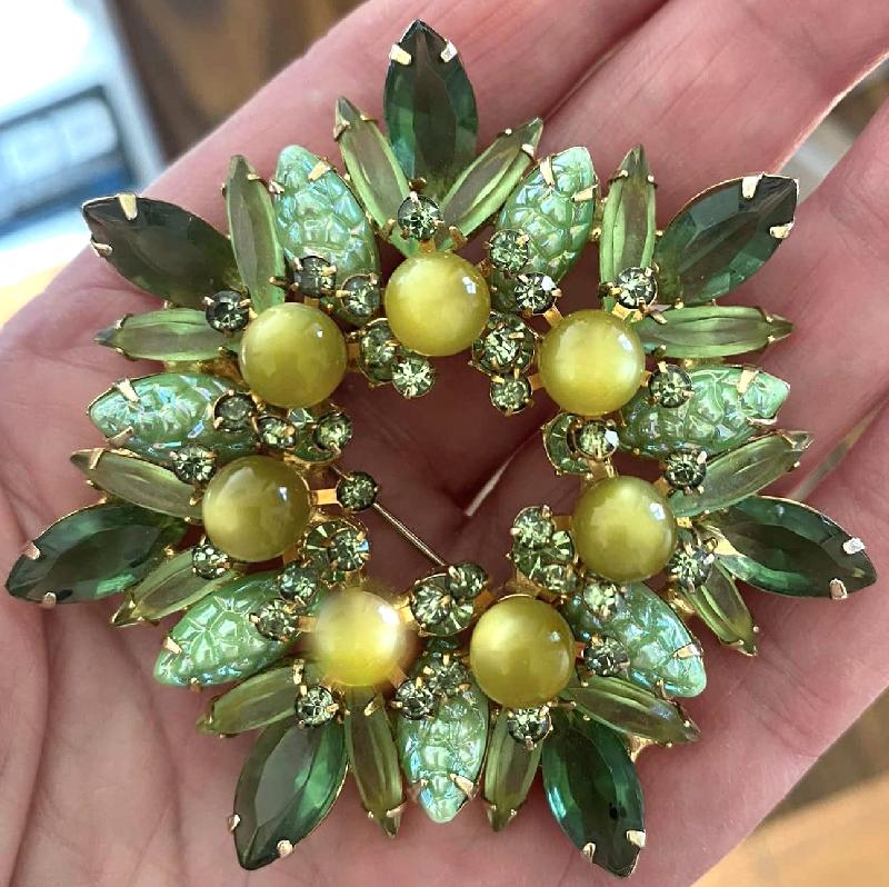 Front view of Green Cabochons Molded/Cut Brooch
