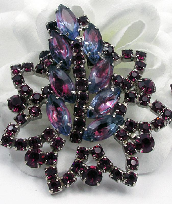Front view of Purple (cardinal) Navettes Givre Brooch