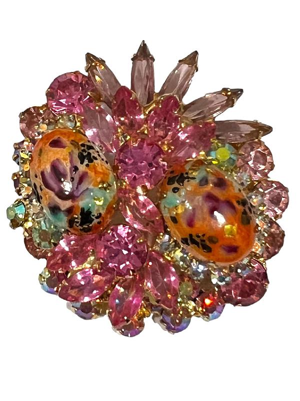 Front view of Pink Cabochons Painted (hand/Transfer) Brooch