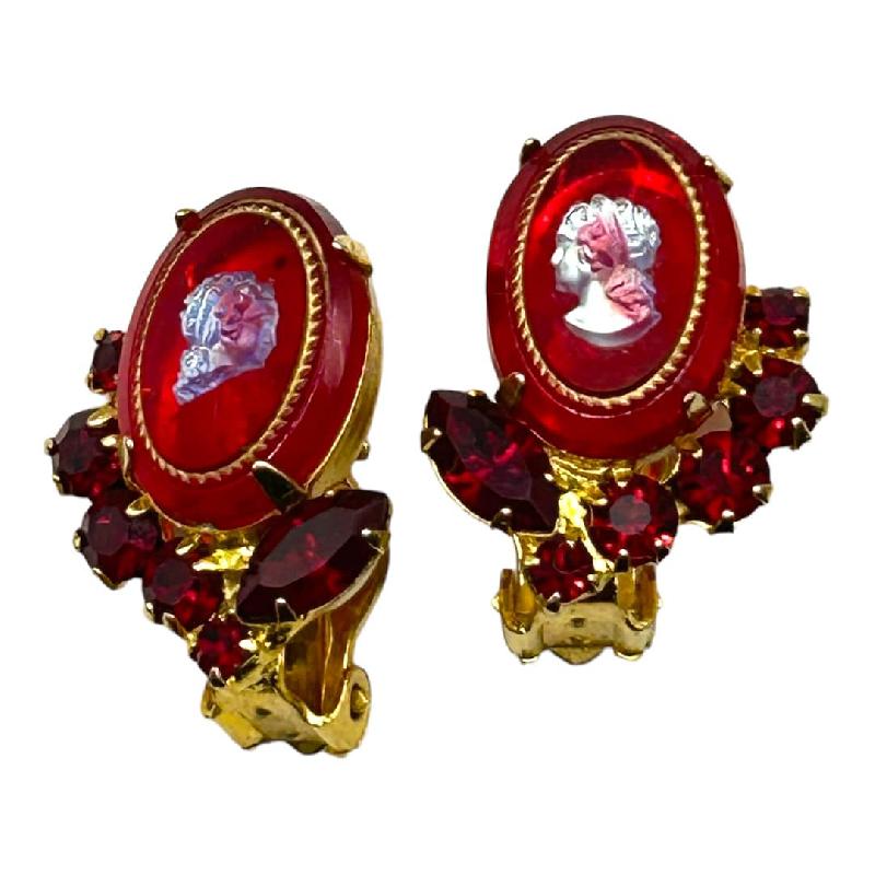 Front view of Red Cabochons Molded/Cut Earrings Clip