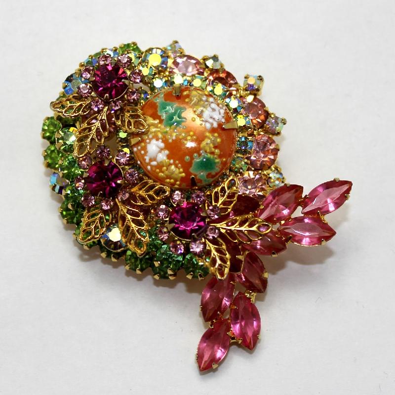 Front view of Pink Cabochons Painted (hand/Transfer) Brooch