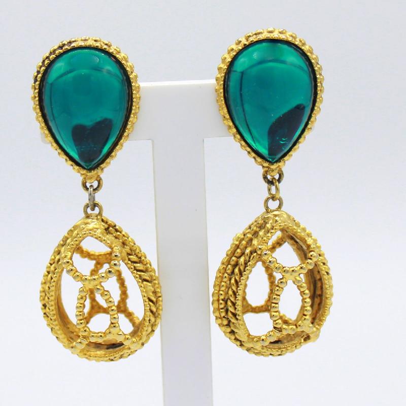 Front view of Green Cabochons Plastic Earrings Clip
