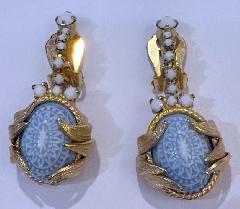 Blue Cabochons Painted (hand/Transfer) Earrings Clip