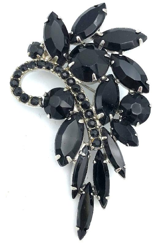 Front view of Black (jet) Navettes Brooch