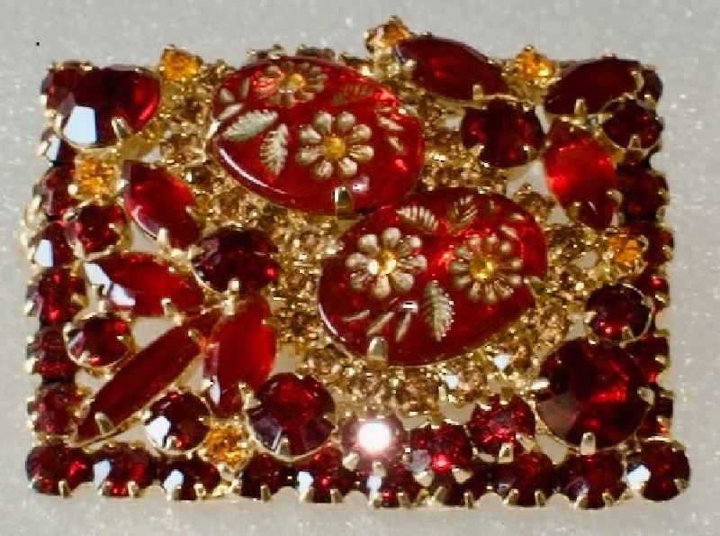 Front view of Red Cabochons Molded/Cut Brooch