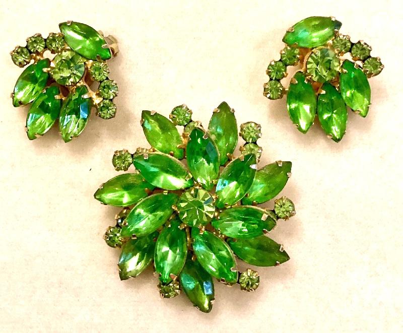 Front view of Green Navettes Brooch