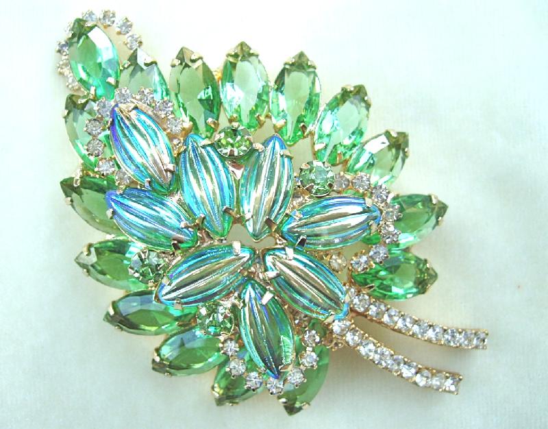 Front view of Green Navettes Molded/Cut Brooch