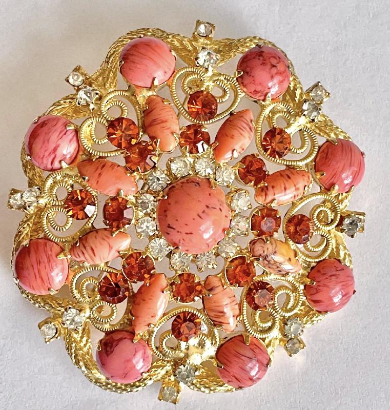 Front view of Orange Cabochons Striped Brooch