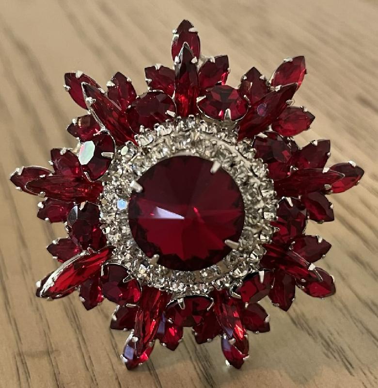 Front view of Red Navettes Rivoli/Margarita Brooch