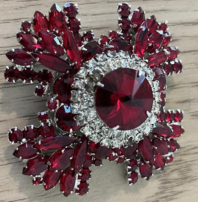 Front view of Red Navettes Rivoli/Margarita Brooch