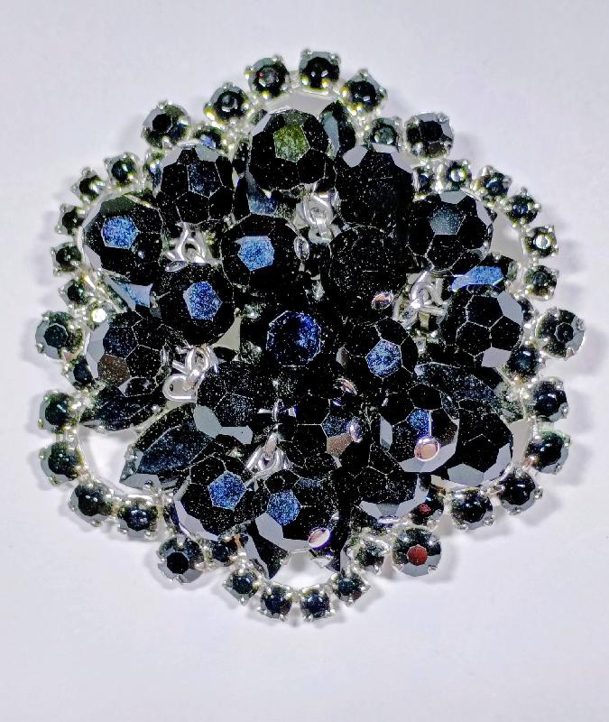 Front view of Black (jet) Navettes Brooch