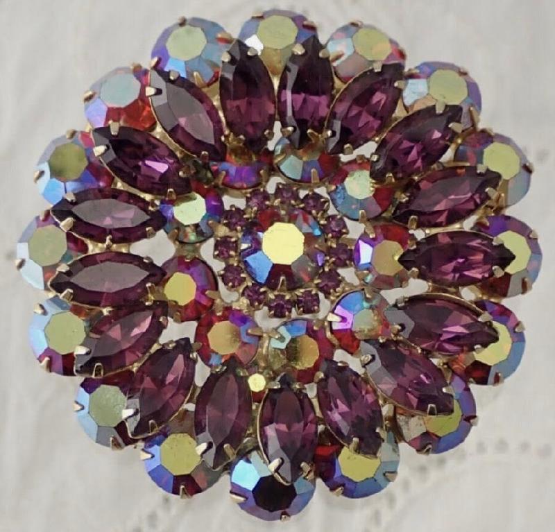 Front view of Purple (cardinal) Navettes Brooch