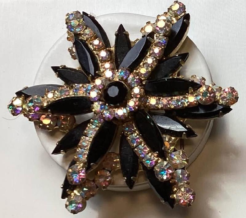 Front view of Black (jet) Navettes Brooch