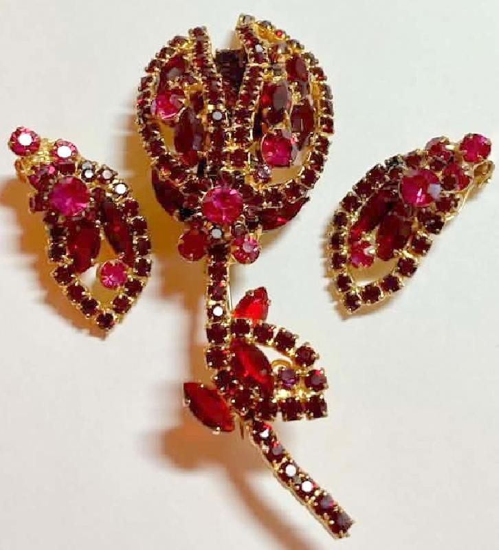 Front view of Red Navettes Rivoli/Margarita Brooch