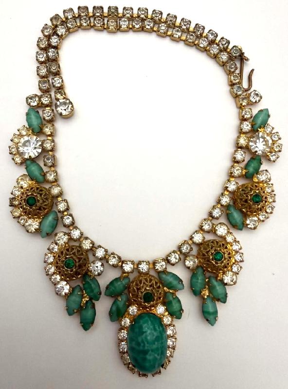Front view of Green Cabochons Striped Necklace