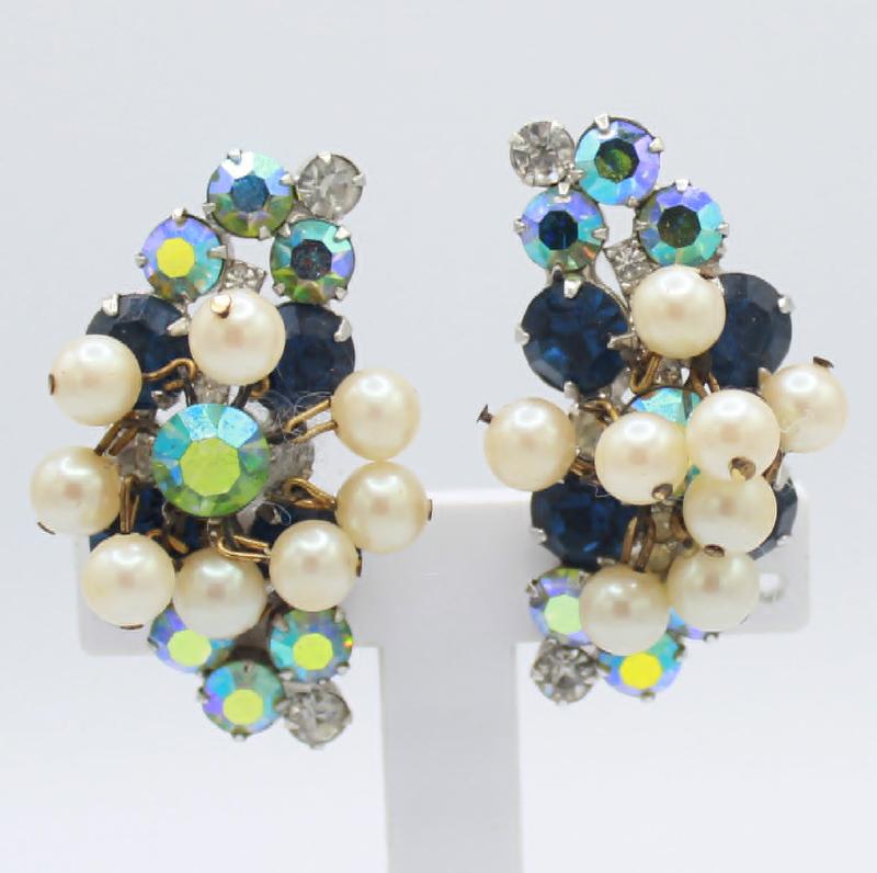Front view of Blue Chatons Only Pearl Earrings Clip